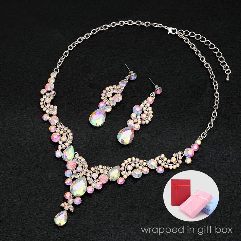 CSY Elegant Iridescent Crystal Necklace Earrings Bracelet Ring Bridal Wedding Costume Jewelry Sets for Brides Women Gifts (Iridescent AB Crystal - Silver tone) - Image 3